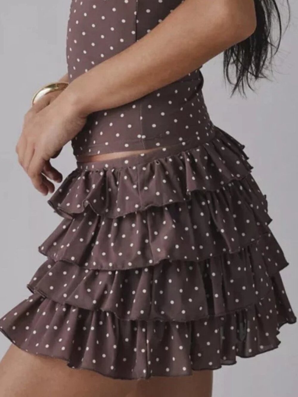 Out From Under Cammy Ruffle Trim Micro Skort Brown w/ Polka Dots - Small